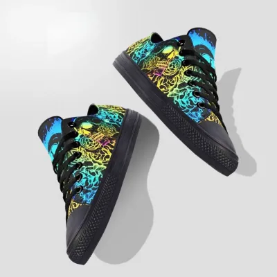 Psychedelic Skull Rose Low Top Black Canvas Shoes